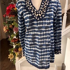 Blue and White Tie-Dye Tory Burch Tunic or Beach Cover Up